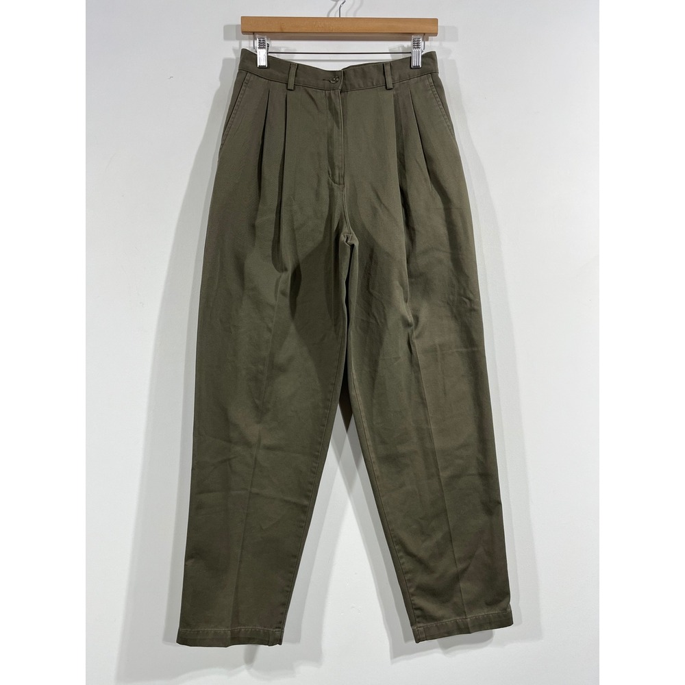 LL Bean Heritage Old Money Olive Green Pleated Cotton Chino Pants Women 8 Earthy
